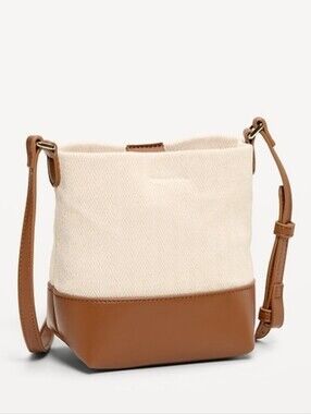OLD NAVY Cream Canvas and Tan Leather-Trim Bucket Crossbody